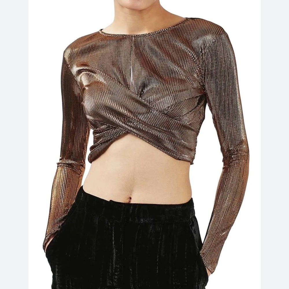 Topshop Metallic Copper Bronze Twist Front Crop Top Long Sleeve Size 2